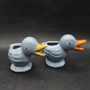 Vintage Blue Ceramic Duck Planters Pair of 2 USA Pottery